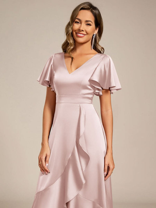 V-Neck Satin Midi Wedding Guest Dress with Ruffled Skirt #color_Brown ever SAIGE|V-Neck Satin Midi Wedding Guest Dress with Ruffled Skirt