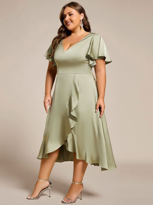 V-Neck Satin Midi Wedding Guest Dress with Ruffled Skirt #color_Brown ever SAIGE|V-Neck Satin Midi Wedding Guest Dress with Ruffled Skirt