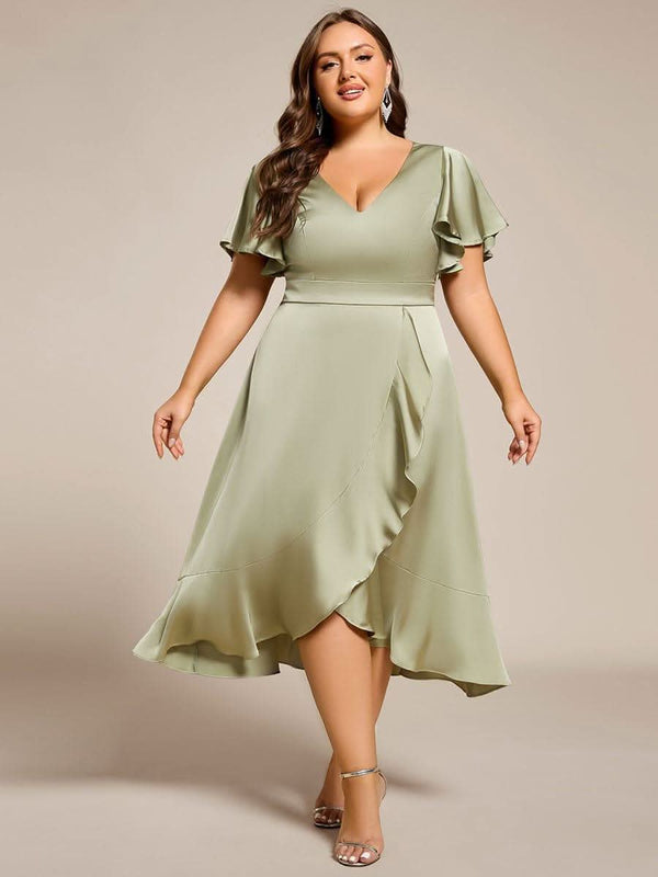 V-Neck Satin Midi Wedding Guest Dress with Ruffled Skirt #color_Brown ever SAIGE|V-Neck Satin Midi Wedding Guest Dress with Ruffled Skirt