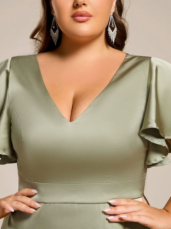 V-Neck Satin Midi Wedding Guest Dress with Ruffled Skirt #color_Brown ever SAIGE|V-Neck Satin Midi Wedding Guest Dress with Ruffled Skirt