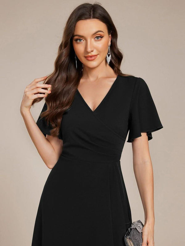 High-Stretch V-neck Midi Wedding Guest Dress #color_Black ever FALLON|High-Stretch V-neck Midi Wedding Guest Dress