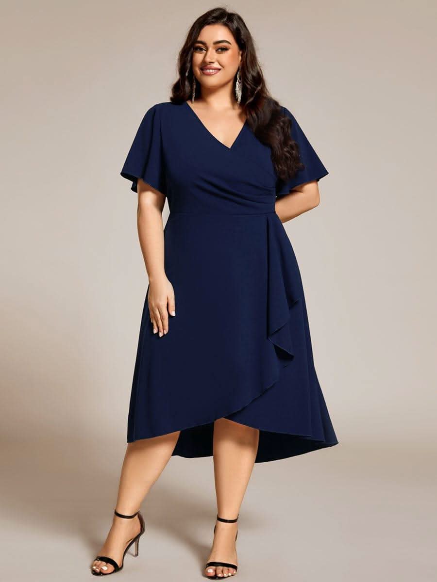 Plus Size High-Stretch V-neck Midi Wedding Guest Dress #color_Navy Blue