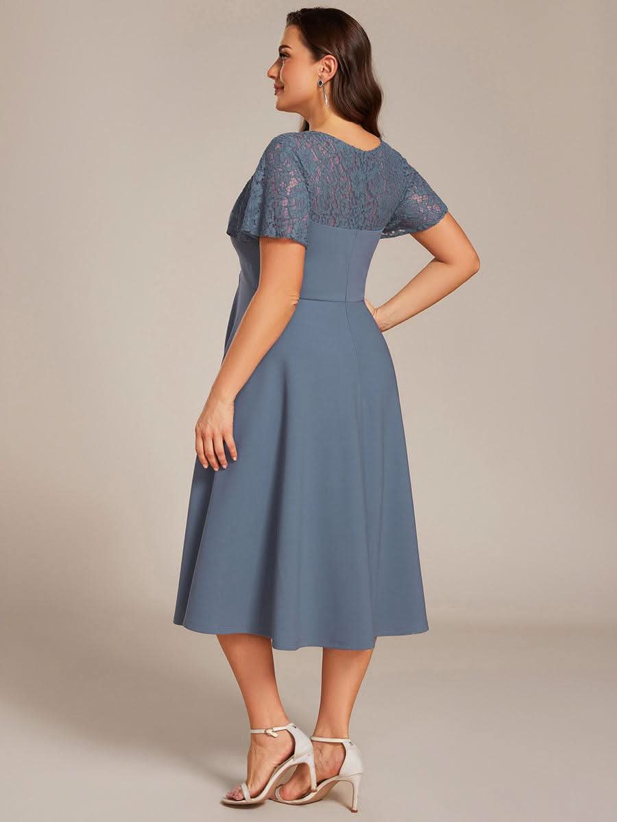 Short Sleeves A-Line Midi Wedding Guest Dress with Pockets #color_Denim Blue
