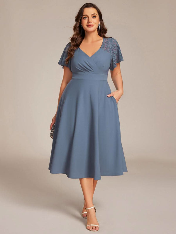 Short Sleeves A-Line Midi Wedding Guest Dress with Pockets #color_Denim Blue ever EVIE|Short Sleeves A-Line Midi Wedding Guest Dress with Pockets