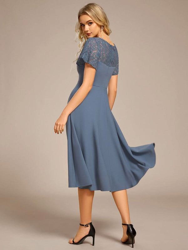 Short Sleeves A-Line Midi Wedding Guest Dress with Pockets #color_Denim Blue ever EVIE|Short Sleeves A-Line Midi Wedding Guest Dress with Pockets