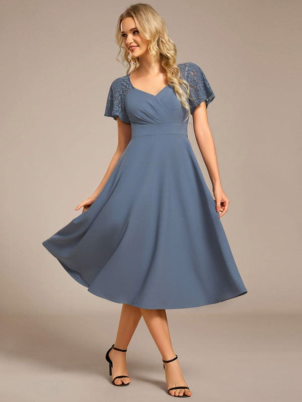 Short Sleeves A-Line Midi Wedding Guest Dress with Pockets #color_Denim Blue ever EVIE|Short Sleeves A-Line Midi Wedding Guest Dress with Pockets