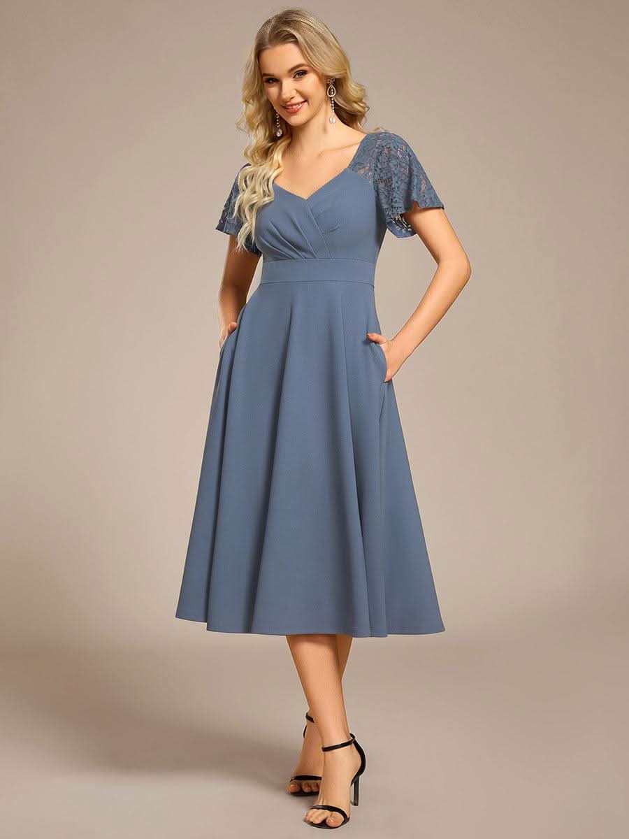 Short Sleeves A-Line Midi Wedding Guest Dress with Pockets #color_Denim Blue