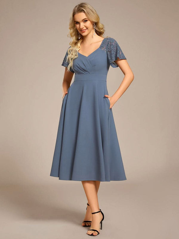 Short Sleeves A-Line Midi Wedding Guest Dress with Pockets #color_Denim Blue ever EVIE|Short Sleeves A-Line Midi Wedding Guest Dress with Pockets
