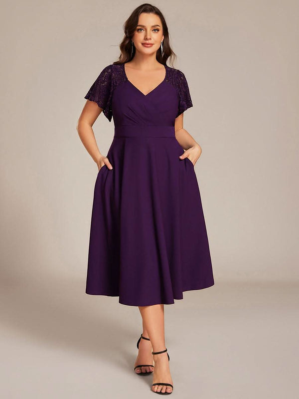 Short Sleeves A-Line Midi Wedding Guest Dress with Pockets #color_Denim Blue ever EVIE|Short Sleeves A-Line Midi Wedding Guest Dress with Pockets