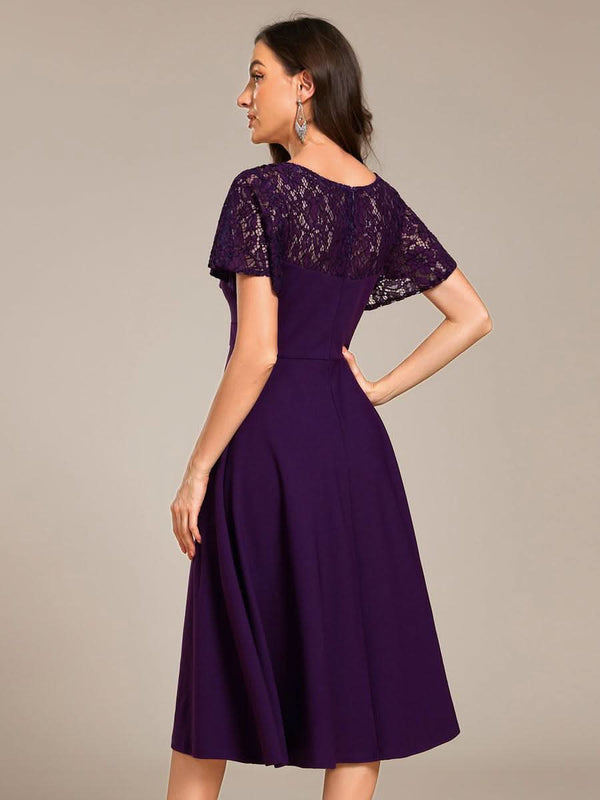 Short Sleeves A-Line Midi Wedding Guest Dress with Pockets #color_Denim Blue ever EVIE|Short Sleeves A-Line Midi Wedding Guest Dress with Pockets