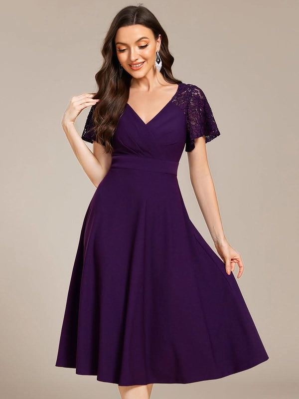 Short Sleeves A-Line Midi Wedding Guest Dress with Pockets #color_Denim Blue ever EVIE|Short Sleeves A-Line Midi Wedding Guest Dress with Pockets