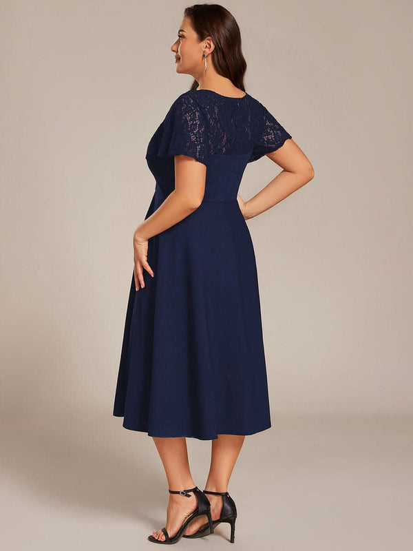 Short Sleeves A-Line Midi Wedding Guest Dress with Pockets #color_Denim Blue ever EVIE|Short Sleeves A-Line Midi Wedding Guest Dress with Pockets