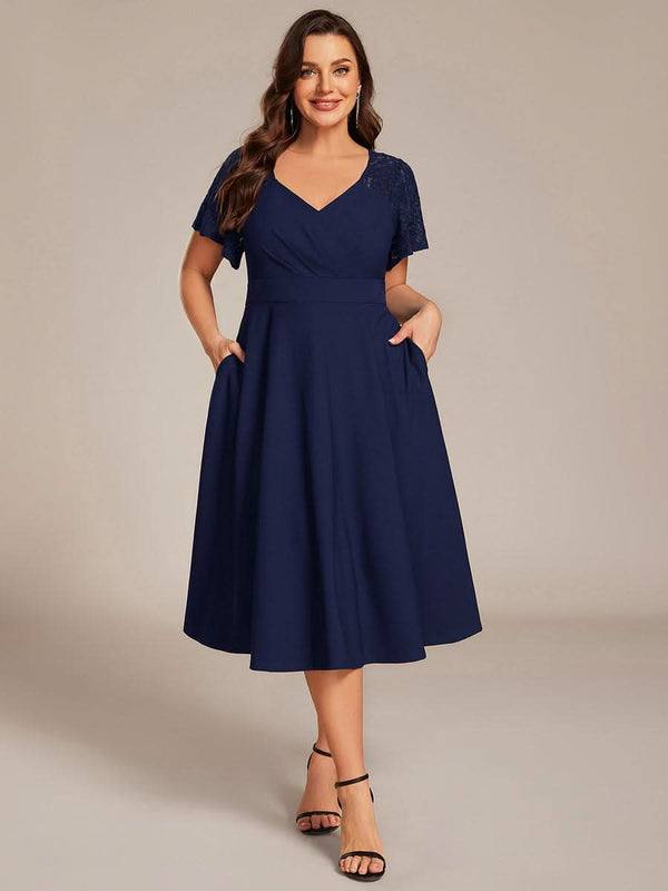 Short Sleeves A-Line Midi Wedding Guest Dress with Pockets #color_Denim Blue ever EVIE|Short Sleeves A-Line Midi Wedding Guest Dress with Pockets