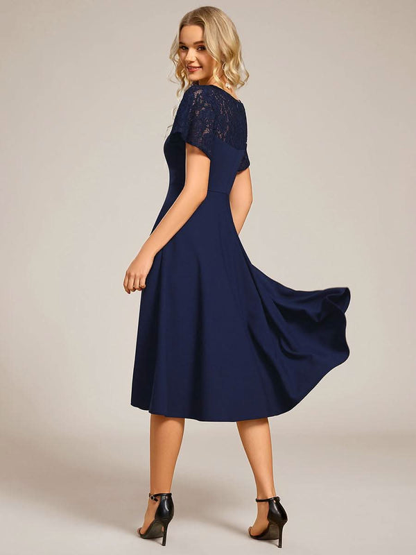 Short Sleeves A-Line Midi Wedding Guest Dress with Pockets #color_Denim Blue ever EVIE|Short Sleeves A-Line Midi Wedding Guest Dress with Pockets