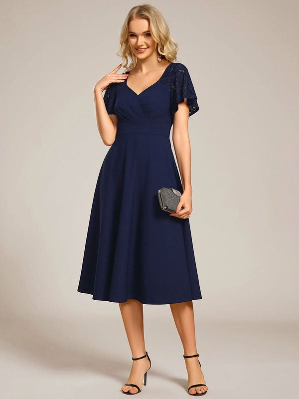 Short Sleeves A-Line Midi Wedding Guest Dress with Pockets #color_Denim Blue ever EVIE|Short Sleeves A-Line Midi Wedding Guest Dress with Pockets