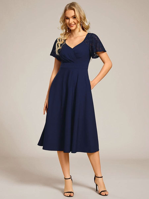 Short Sleeves A-Line Midi Wedding Guest Dress with Pockets #color_Denim Blue ever EVIE|Short Sleeves A-Line Midi Wedding Guest Dress with Pockets