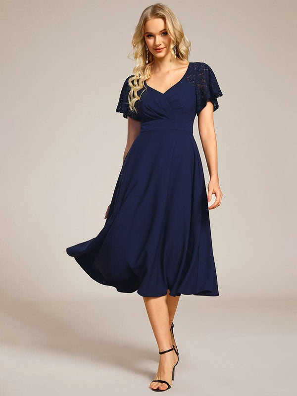 Short Sleeves A-Line Midi Wedding Guest Dress with Pockets #color_Denim Blue ever EVIE|Short Sleeves A-Line Midi Wedding Guest Dress with Pockets