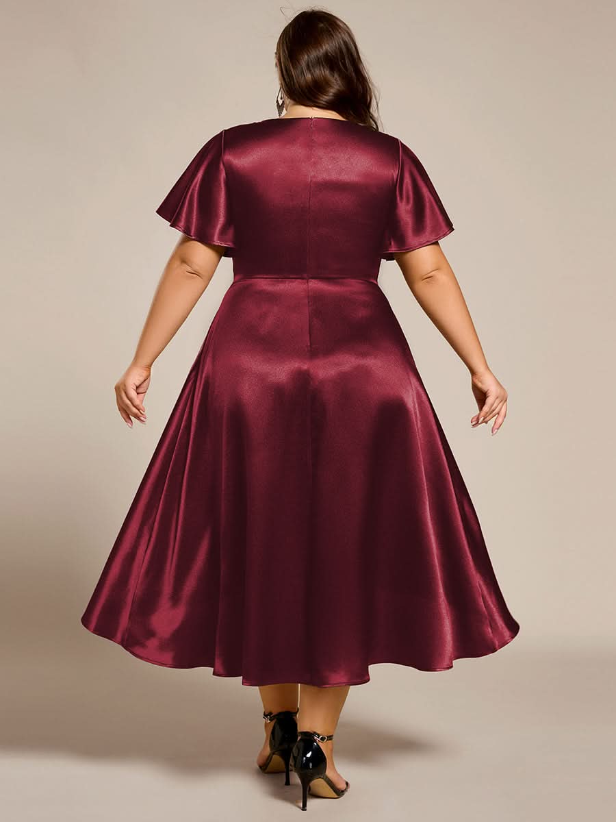 V-neck High-Low Satin Wedding Guest Dress with Pockets #color_Burgundy