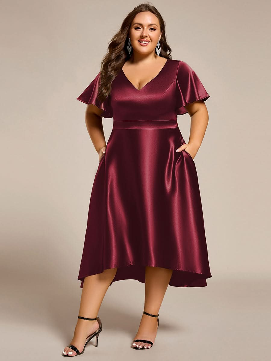 V-neck High-Low Satin Wedding Guest Dress with Pockets #color_Burgundy