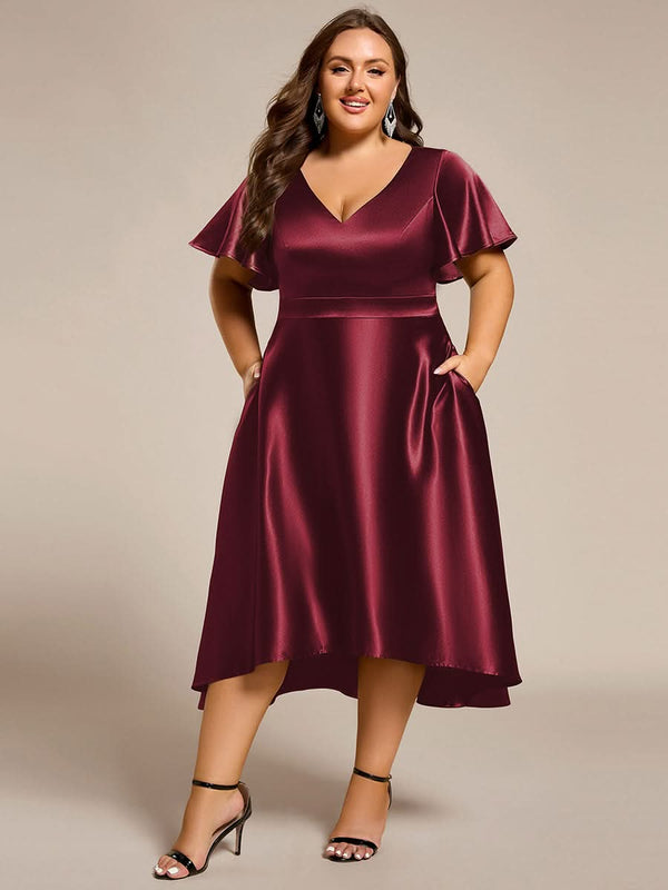 V-neck High-Low Satin Wedding Guest Dress with Pockets #color_Copper ever SCARLEN|V-neck High-Low Satin Wedding Guest Dress with Pockets
