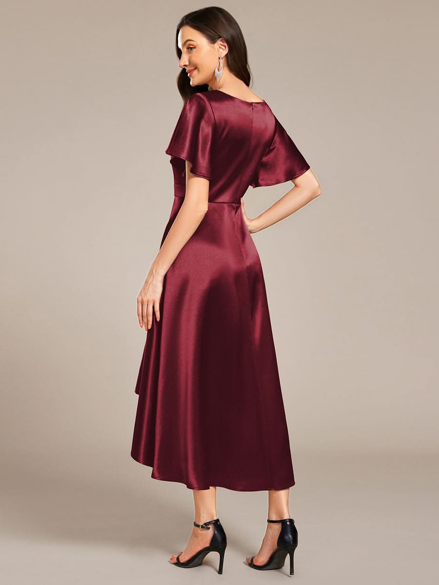 V-neck High-Low Satin Wedding Guest Dress with Pockets #color_Burgundy
