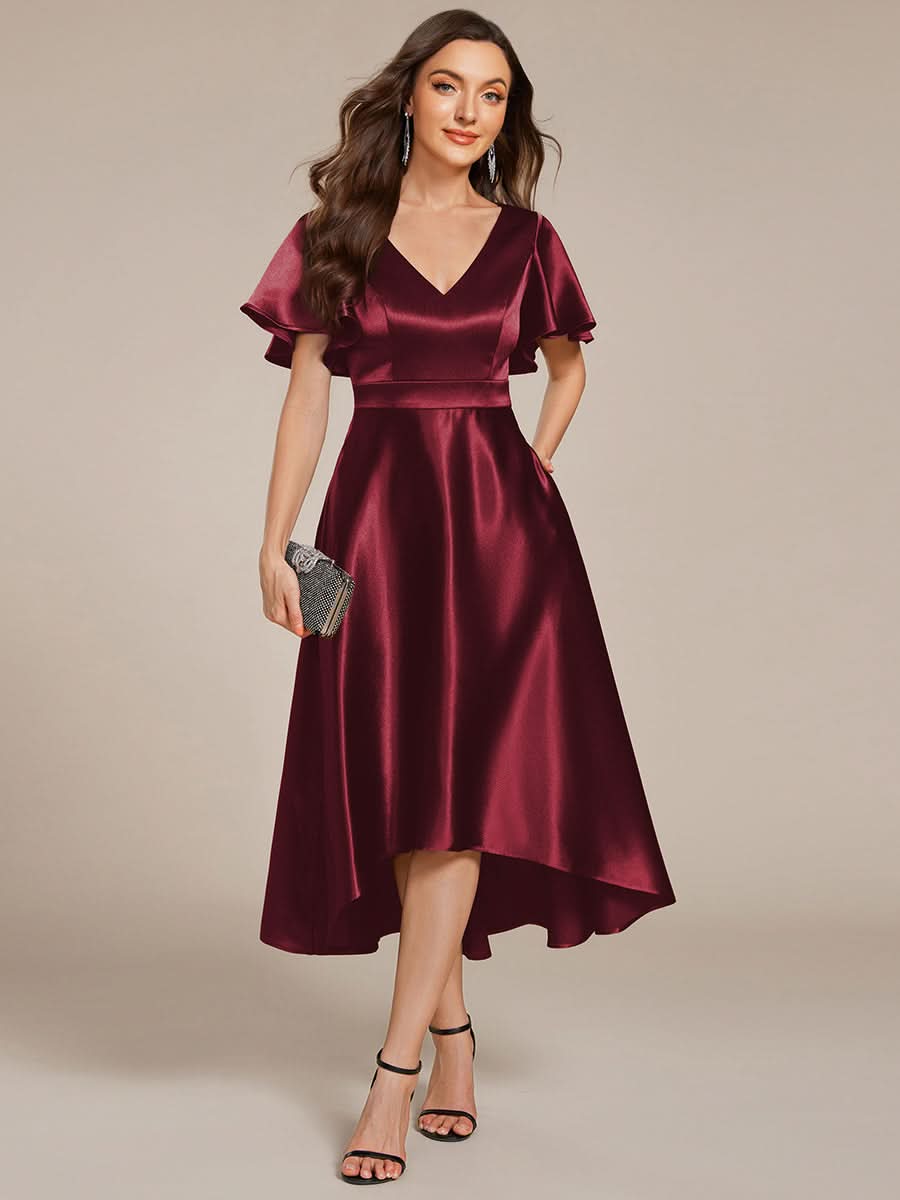 V-neck High-Low Satin Wedding Guest Dress with Pockets #color_Burgundy