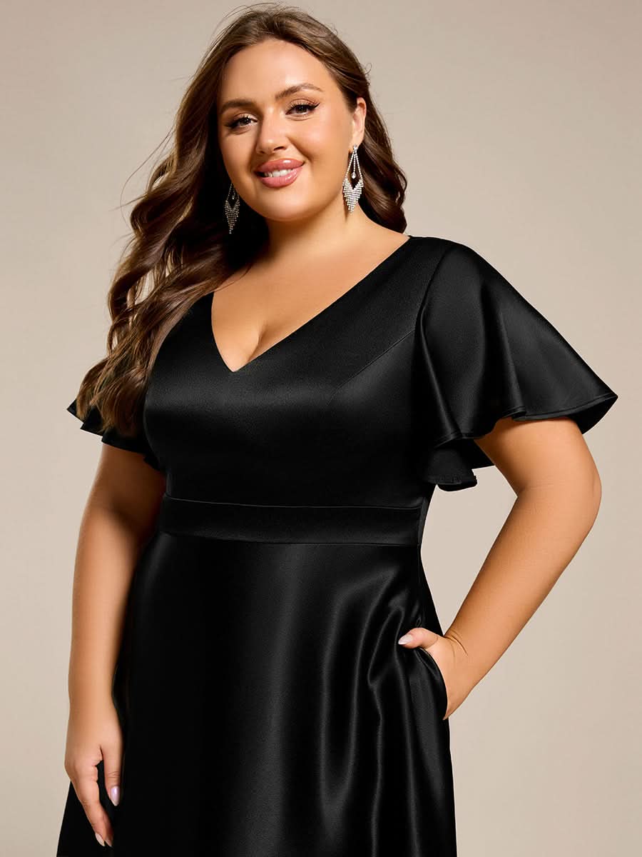 V-neck High-Low Satin Wedding Guest Dress with Pockets #color_Black