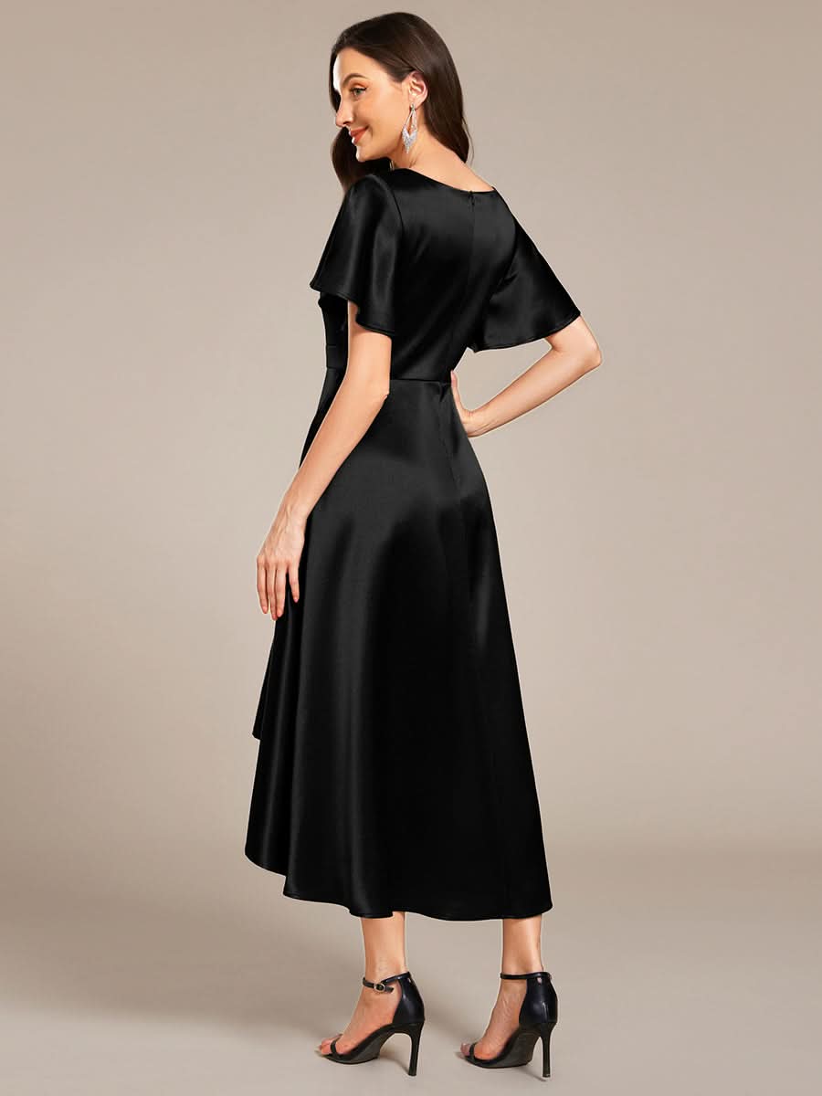 V-neck High-Low Satin Wedding Guest Dress with Pockets #color_Black