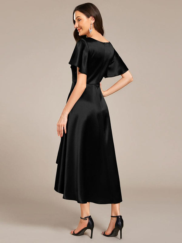 V-neck High-Low Satin Wedding Guest Dress with Pockets #color_Copper ever SCARLEN|V-neck High-Low Satin Wedding Guest Dress with Pockets