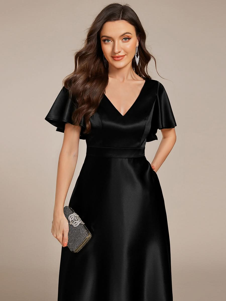 V-neck High-Low Satin Wedding Guest Dress with Pockets #color_Black