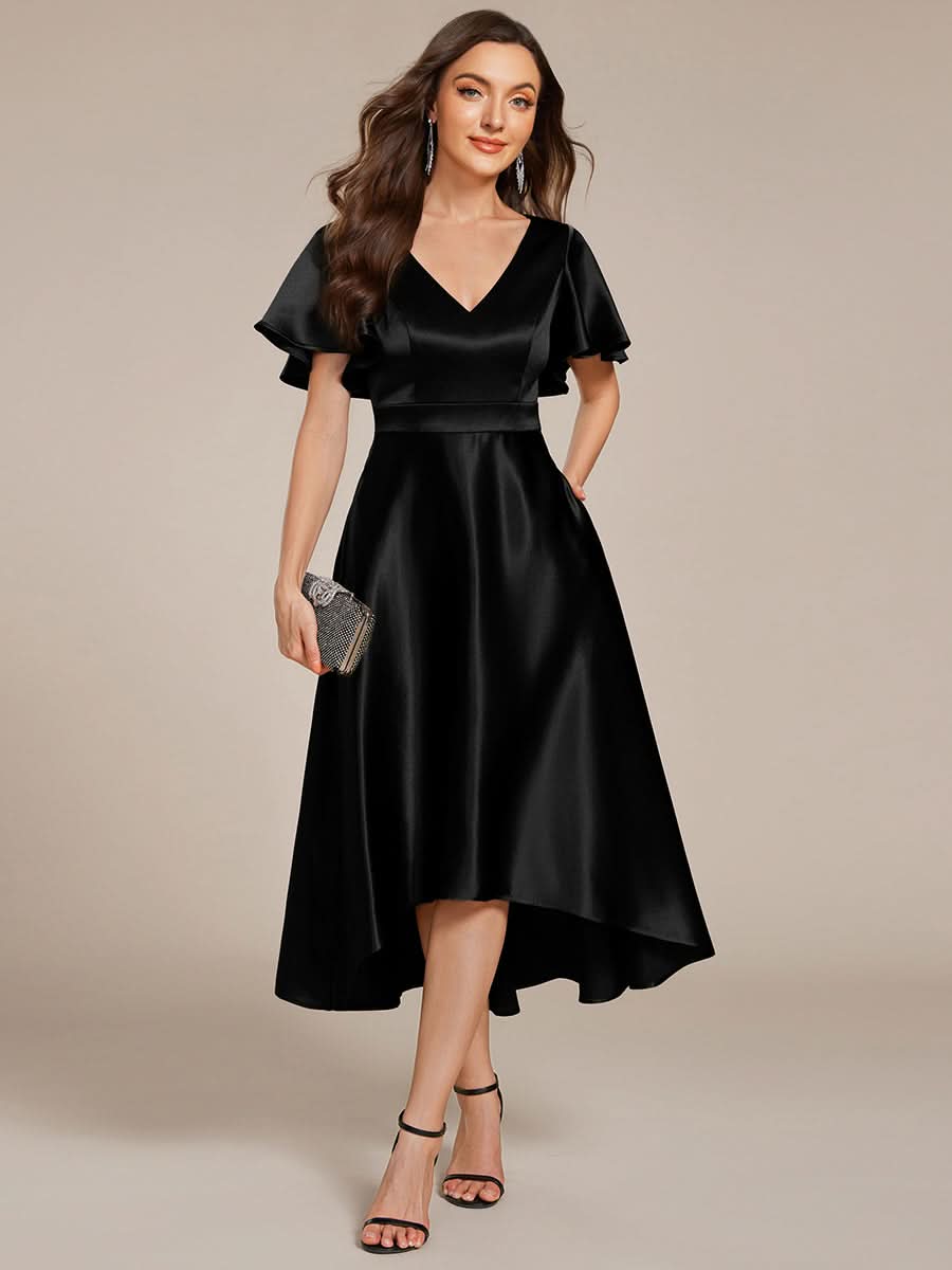 V-neck High-Low Satin Wedding Guest Dress with Pockets #color_Black