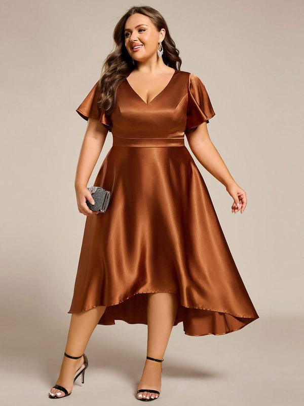 V-neck High-Low Satin Wedding Guest Dress with Pockets #color_Copper ever SCARLEN|V-neck High-Low Satin Wedding Guest Dress with Pockets