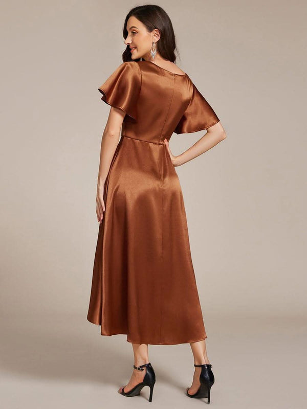 V-neck High-Low Satin Wedding Guest Dress with Pockets #color_Copper ever SCARLEN|V-neck High-Low Satin Wedding Guest Dress with Pockets