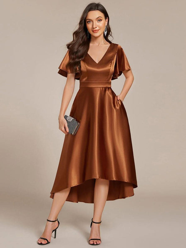 V-neck High-Low Satin Wedding Guest Dress with Pockets #color_Copper ever SCARLEN|V-neck High-Low Satin Wedding Guest Dress with Pockets