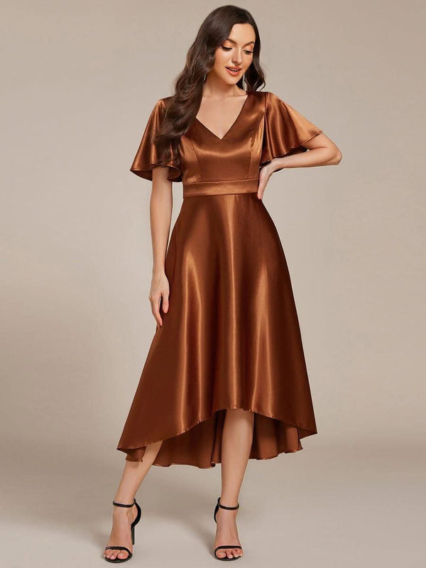 V-neck High-Low Satin Wedding Guest Dress with Pockets #color_Copper ever SCARLEN|V-neck High-Low Satin Wedding Guest Dress with Pockets