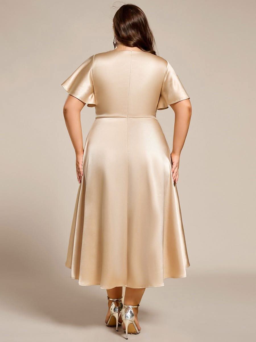 Plus Size Satin Midi Wedding Guest Dress with Pockets #color_Champagne