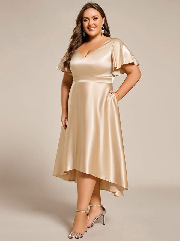 V-neck High-Low Satin Wedding Guest Dress with Pockets #color_Copper ever SCARLEN|V-neck High-Low Satin Wedding Guest Dress with Pockets