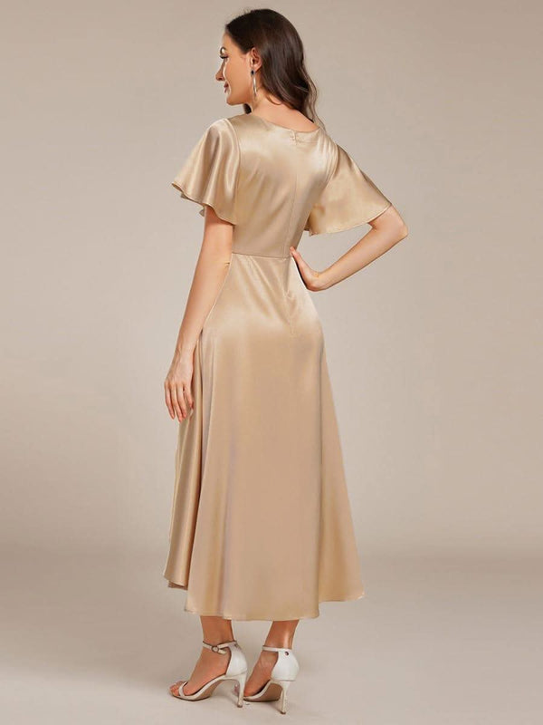 V-neck High-Low Satin Wedding Guest Dress with Pockets #color_Copper ever SCARLEN|V-neck High-Low Satin Wedding Guest Dress with Pockets