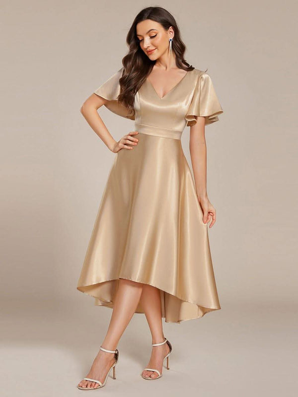 V-neck High-Low Satin Wedding Guest Dress with Pockets #color_Copper ever SCARLEN|V-neck High-Low Satin Wedding Guest Dress with Pockets