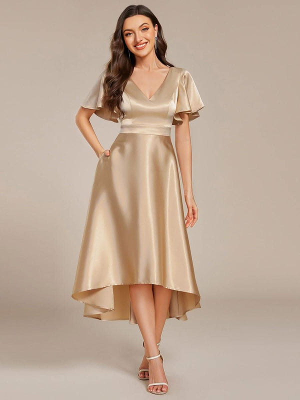 V-neck High-Low Satin Wedding Guest Dress with Pockets #color_Copper ever SCARLEN|V-neck High-Low Satin Wedding Guest Dress with Pockets