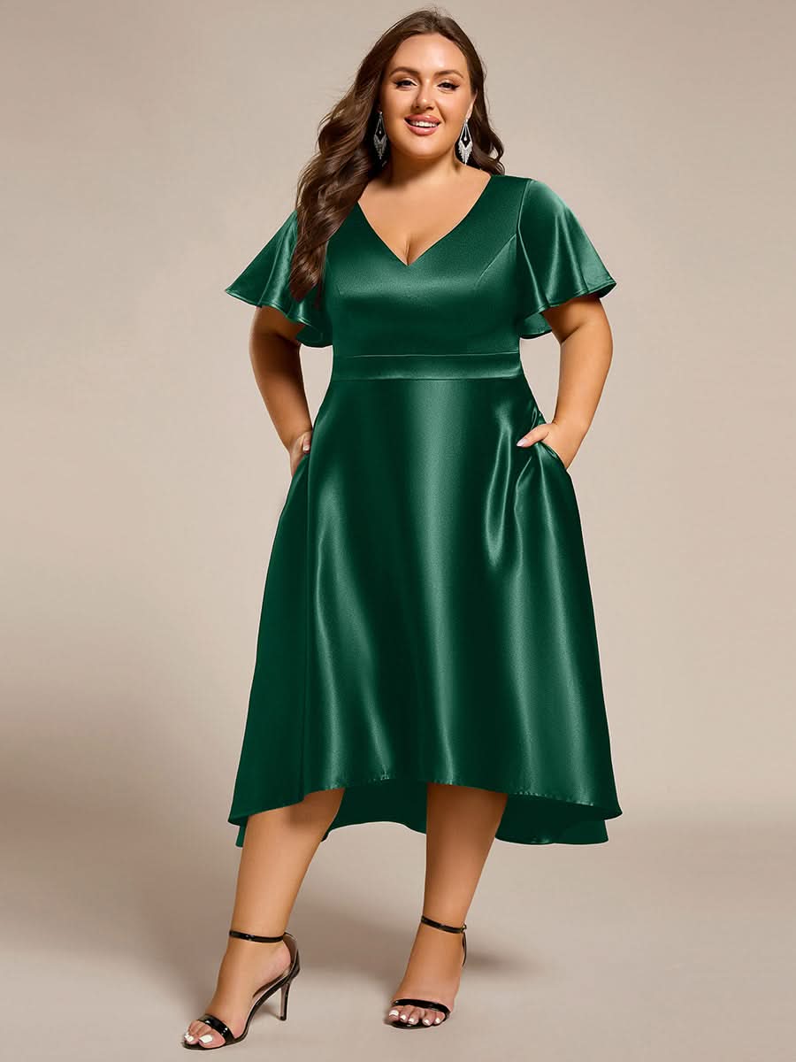 V-neck High-Low Satin Wedding Guest Dress with Pockets #color_Dark Green