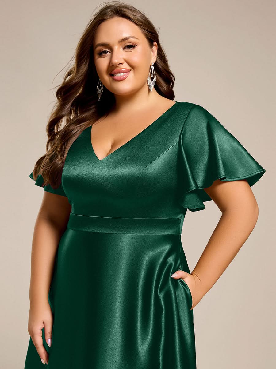 V-neck High-Low Satin Wedding Guest Dress with Pockets #color_Dark Green