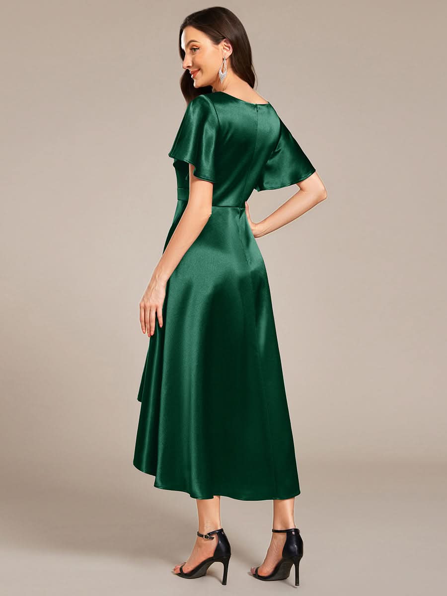 V-neck High-Low Satin Wedding Guest Dress with Pockets #color_Dark Green