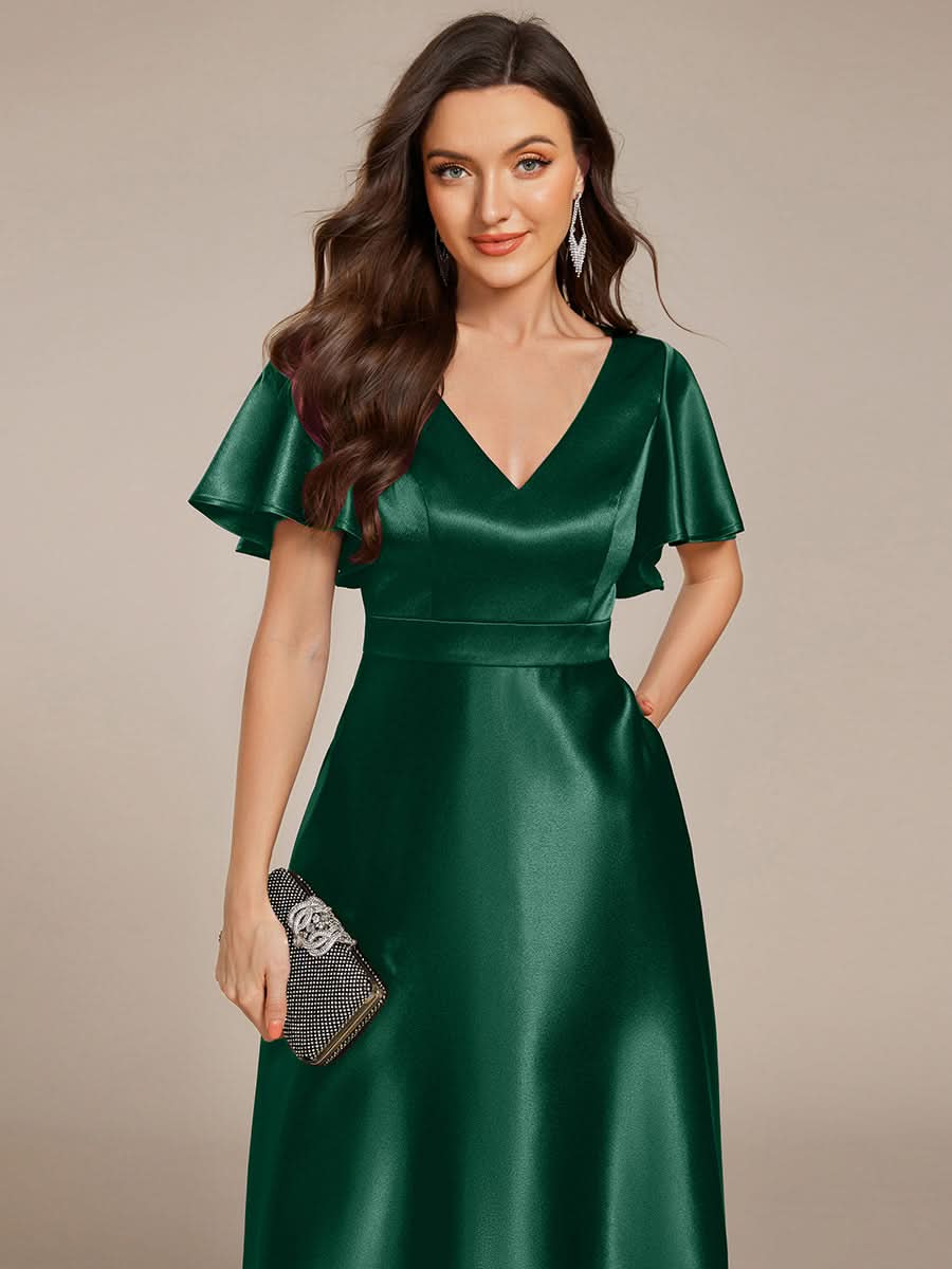V-neck High-Low Satin Wedding Guest Dress with Pockets #color_Dark Green