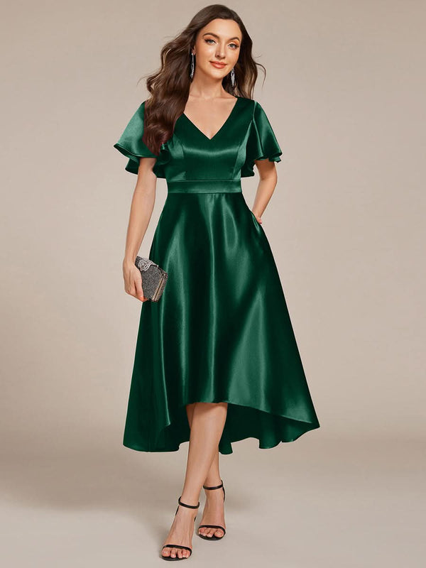V-neck High-Low Satin Wedding Guest Dress with Pockets #color_Copper ever SCARLEN|V-neck High-Low Satin Wedding Guest Dress with Pockets