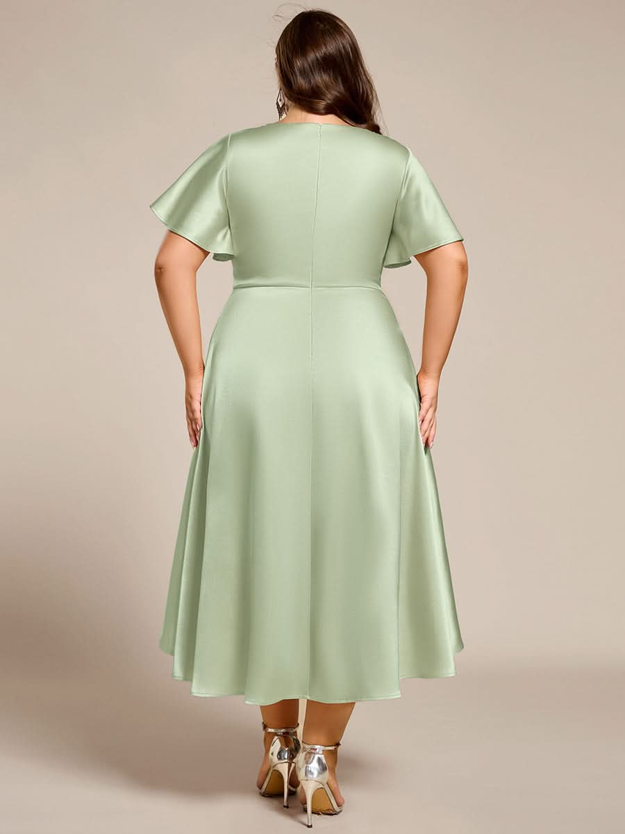 V-neck High-Low Satin Wedding Guest Dress with Pockets #color_Mint Green