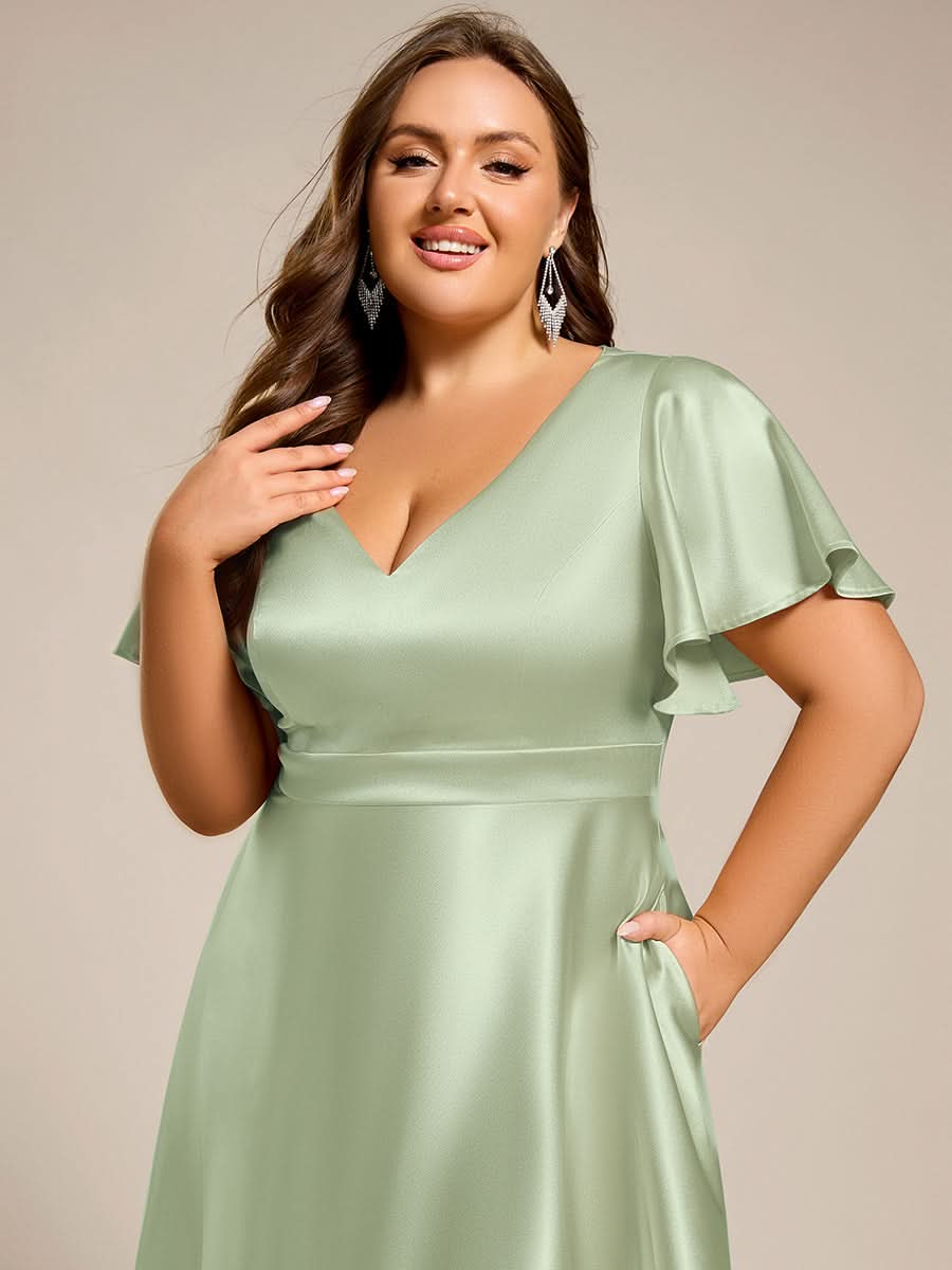 V-neck High-Low Satin Wedding Guest Dress with Pockets #color_Mint Green