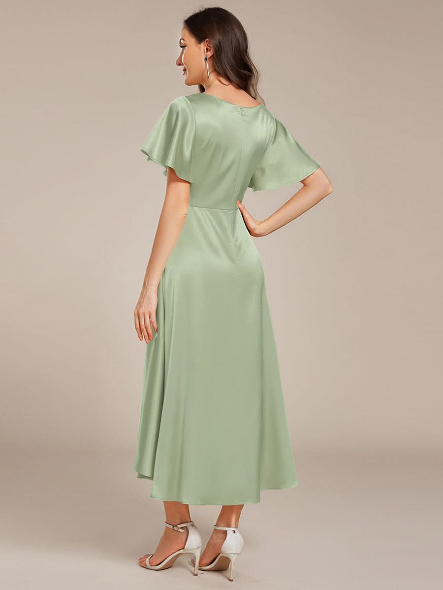 V-neck High-Low Satin Wedding Guest Dress with Pockets #color_Mint Green