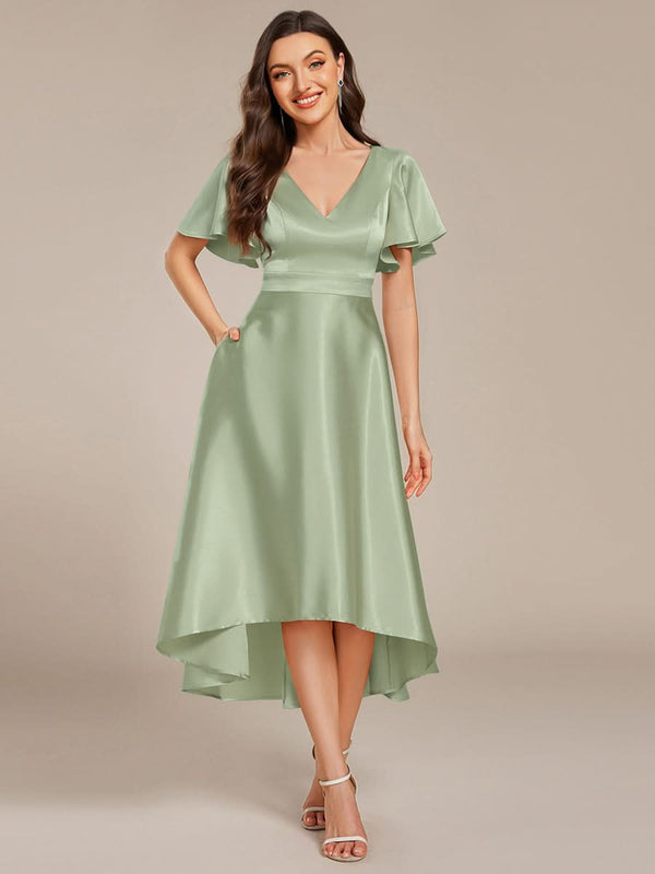 V-neck High-Low Satin Wedding Guest Dress with Pockets #color_Copper ever SCARLEN|V-neck High-Low Satin Wedding Guest Dress with Pockets