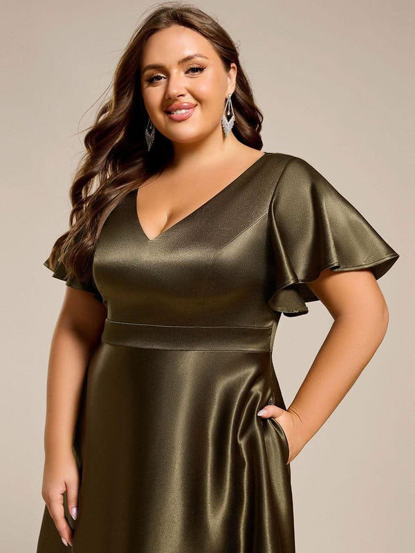 V-neck High-Low Satin Wedding Guest Dress with Pockets #color_Copper ever SCARLEN|V-neck High-Low Satin Wedding Guest Dress with Pockets